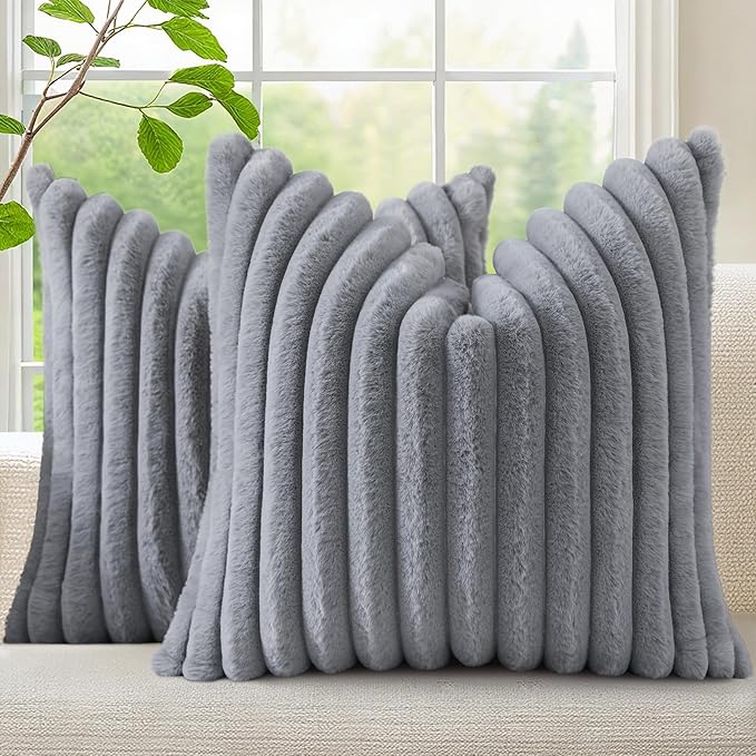 decorUhome Cozy Faux Fur Throw Pillow Covers 26x26 Set of 2 Decorative Soft Plush Striped Modern Farmhouse Boho Couch Euro Sham Pillow Cases with Velvet Back for Sofa Bed Living Room, Grey