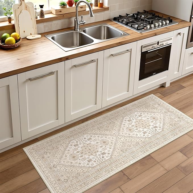 2x5 Rug Runner Washable for Entryway, Soft Bathroom Rugs with Non-Slip Backing,Vintage Low Pile Stair Runner, Small Kitchen Carpet for Hallways, Laundry Room(Cream/Beige,2'x5')