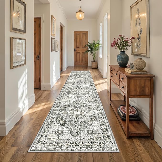Runner Rug 2x10, Ultra-Thin Kitchen Rugs Non Slip Washable Rugs for Entryway Rug, Kitchen Runner Low Pile Vintage Soft Carpets for Living Room, Bathroom Bedroom (Grey/Beige,2'x10')