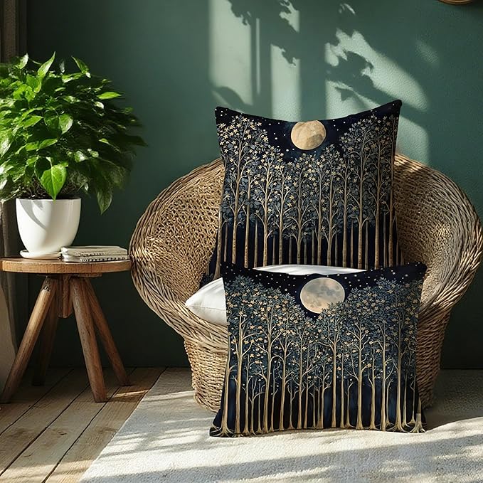 Rustic William Morris Night Moon Forest Green Decor Pillow Covers 18x18 Set of 2,Vintage Botanical Nature Landscape Decorative Throw Pillow Covers for Home Bedroom Living Room