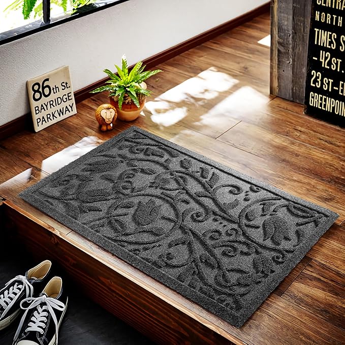 Boho Grey Floral Leaves Outdoor Indoor Entrance Doormats, Absorbent Durable Heavy Duty Welcome Front Door Mat,Thick Natural Rubber Back,Easy Clean Entryway Mat 17x30 Inch, Low Profile