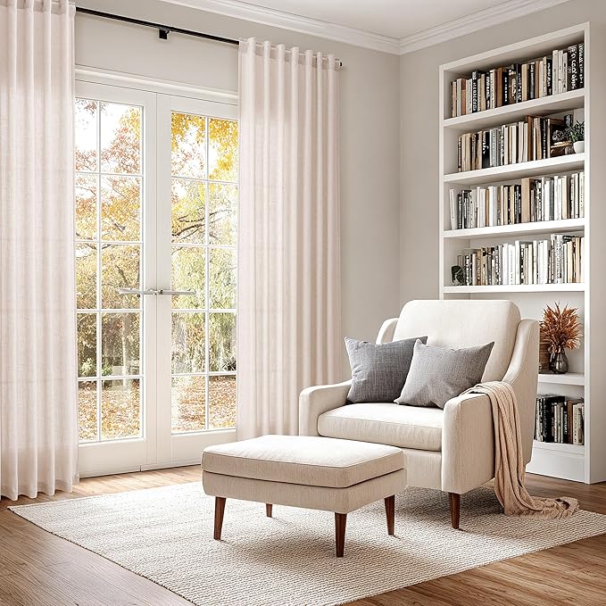 Nanspring Natural White Linen Curtains 102 Inches Long for Living Room Light Filtering Farmhouse Decor Curtains Back Tab Neutral Privacy Sheer Curtain for Bedroom Office 52x102, 2 Panels