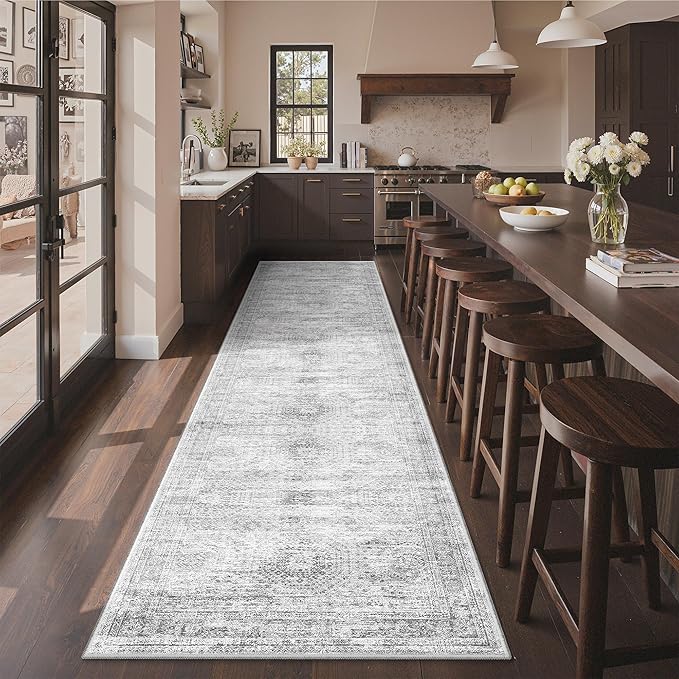 3x12 Runner Rug for Hallway, Non-Slip Long Bathroom Rugs Runner for Kitchen, Bedroom, Soft Vintage Abstract Washable Rug for Entryway, Thin Floor Mat for Dining Room(3'x12', Grey/Ivory)
