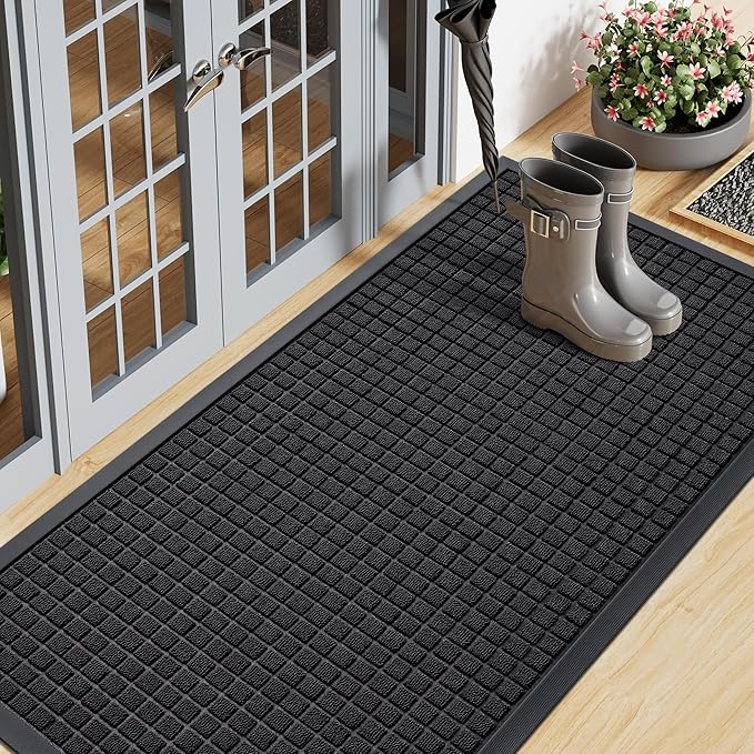Smiry Front Door Mat Outside Entrance, Heavy Duty Natural Rubber Doormat, Non Slip, Trap Dirt and Moisture, Easy Clean, Low Profile Welcome Floor Mats for Indoor Outdoor Entry, 71x23 Inch, Black