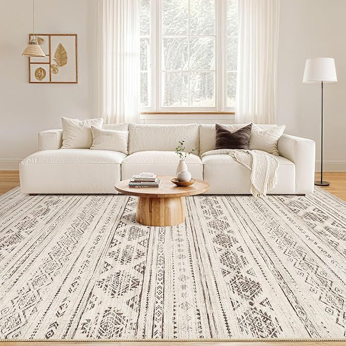 Nakagishi 10x14 Area Rugs Living Room: Washable Boho Large Neutral Soft Farmhouse Rug Stain Resistant Modern Moroccan Non-Slip Indoor Carpet for Bedroom Nursery Kids Office Dining Room - Dark Brown