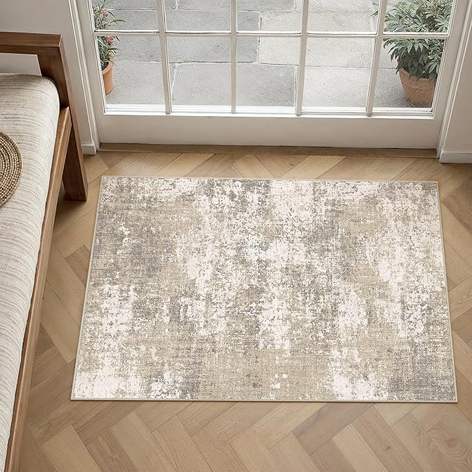 PureCozy Beige Area Rug 2x3 Machine Washable Modern Abstract Entryway Carpet Non Slip Neutral Door Mat Low Pile Soft Non Shedding Contemporary Throw Rug for Bathroom Laundry Kitchen Dining Room