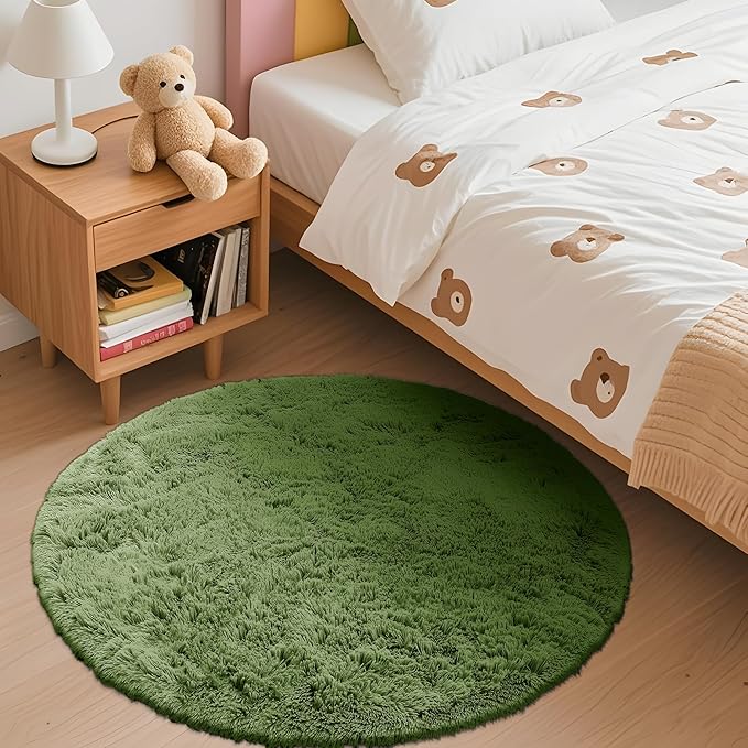 OLANLY Green Round Rugs for Bedroom - Machine Washable, 3 ft Circle Area Rugs for Living Room, Soft and Fluffy Shaggy Carpet for Teen Girl and Boys, Nursery Rooms, Dorms, Home Decor Aesthetic