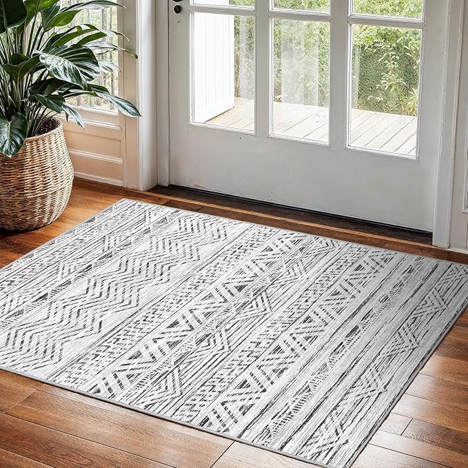 2x3 Washable Entryway Area Rug: Moroccan Small Runner Rug for Hallway Soft Modern Non Slip Door Mat with Rubber Backing Low Pile Thin Floor Carpet for Kitchen Bathroom Bedroom Indoor(Grey,2x3)