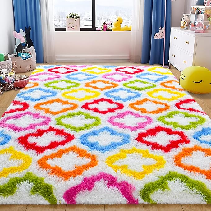 Tepook Fluffy Colorful Rug for Kids, Shaggy Soft Rainbow Area Rugs for Girls Bedroom, Indoor Modern Geometric Moroccan Rugs Plush Girls Kids Rug for Playroom Teens Room Nursery Home Decor, 3 X 5 ft