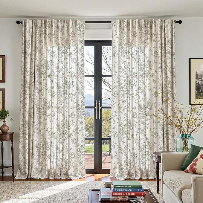 jinchan Linen Floral Curtains 100 Inch Extra Wide for Patio Sliding Glass Door Room Divider Curtain for Living Room 108 Inch Length Farmhouse Peony Green Printed Curtain Set 1 Panel