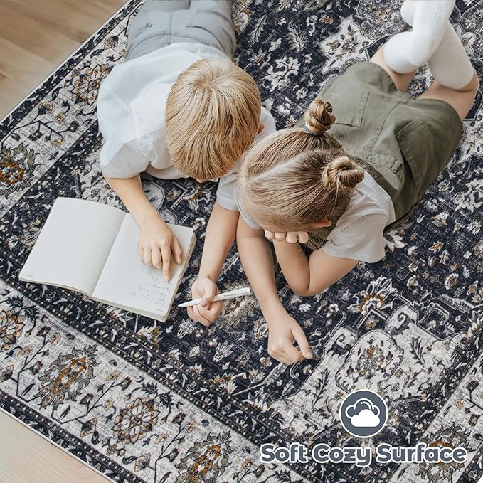Area Rug 5x7 Washable Rug, Vintage Boho Medallion Rugs Non-Slip Soft Low Pile Large Distressed Rug Indoor Retro Carpet for Living Room Bedroom Dining Room Home Office (Vintage Black, 5'x7')