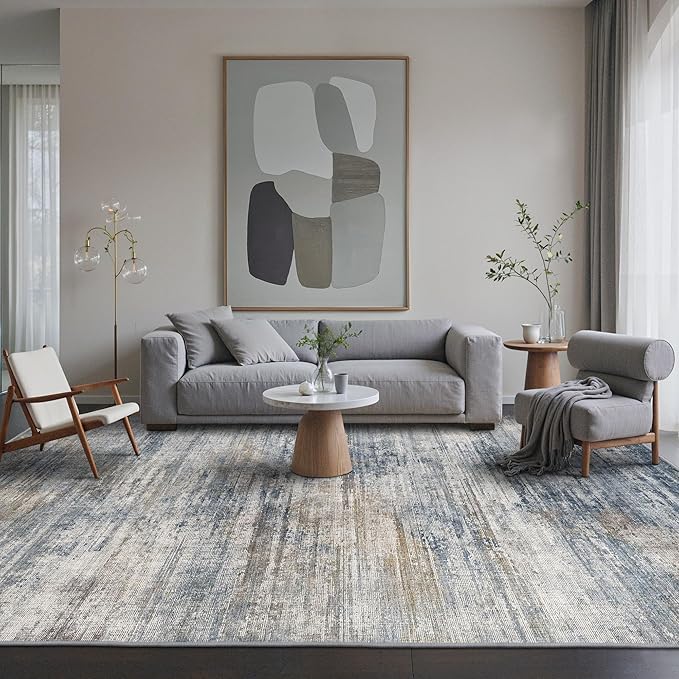 BEIMO Area Rugs 6x9 for Living Room Bedroom, Modern Abstract Machine Washable Rug, Large Soft Low Pile Floor Carpet with Non Slip Backing for Dining Room, Denim Blue/Taupe