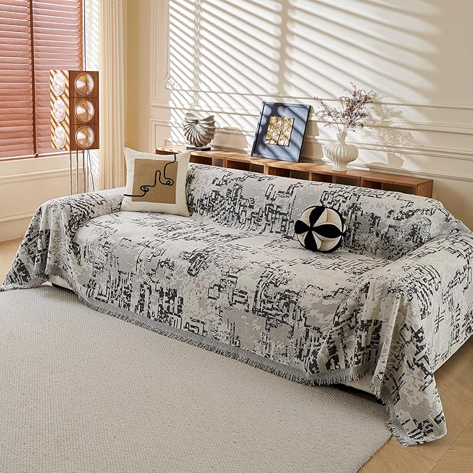 MYSKY HOME Boho Couch Cover Sofa Covers, Couch Covers for 2 Cushion Couch Sofa, Chenille L Shape Sectional Couch Cover- Pet-Friendly, Machine Washable, Sofa Protector for Kid, 71"x118", Dark Grey Maze