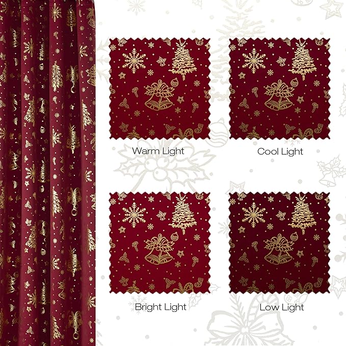 NICETOWN 2 Panels Christmas Red Curtains 52 x 84 Inch, Gold Foil Printed Rod Pocket Drapes, Xmas Theme Window Treatment for Holiday Home Decor, Set of 2 Christmas Style Curtain Panels