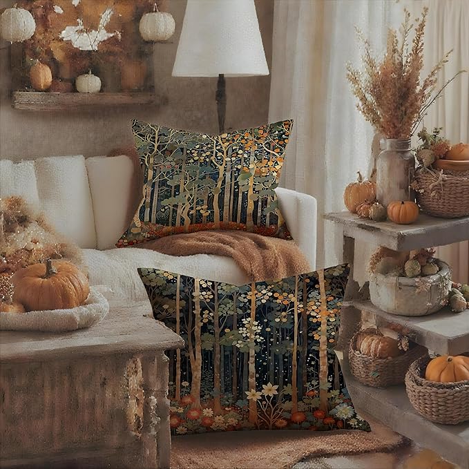 Rustic William Morris Inspired Autumn Forest Decor Throw Pillow Covers 18x18 Set of 2, Vintage Botanical Nature Decorative Throw Pillow Covers for Home Bedroom Living Room,Fall Home Room Decor