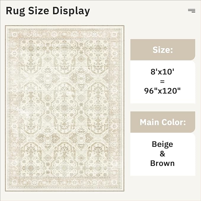 Soalmost 8x10 Area Rugs, Washable Rugs, Large Stain Resistant Beige Area Rug for Living Room Bedroom Dining Room, Vintage Farmhouse Rug