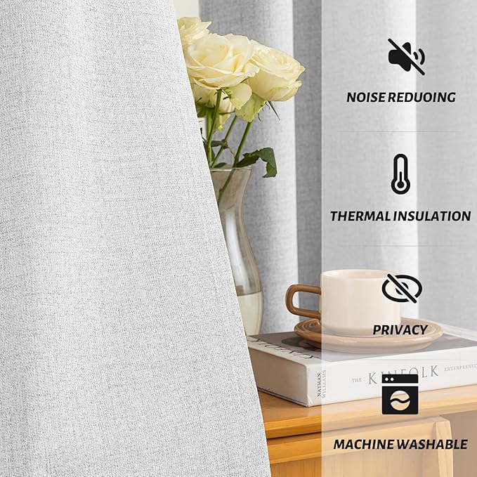 Yakamok White Linen Curtains 100% Blackout 90 Inches Long,Room Darkening Textured Curtains for Living Room Thermal Grommet Bedroom Curtain 2 Panels with Greyish White Liner