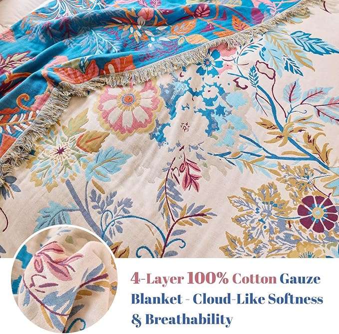 MSGKV Boho Throw Blanket for Couch Cotton Floral Blanket 50"x60" Throws for Sofa Chair Muslin Spring Breathable Lightweight Farmhouse Blankets Home Decor All Seasons