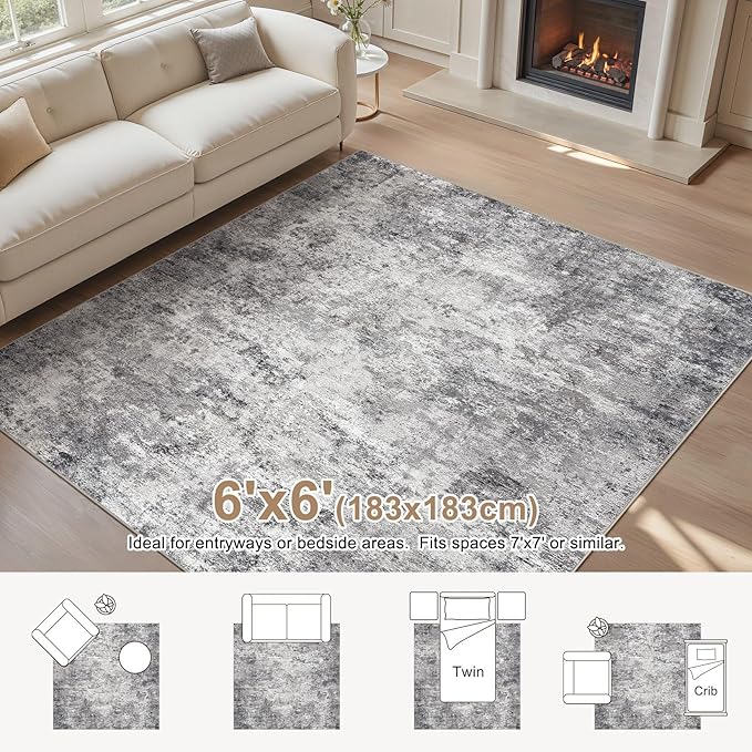 UERMEI Square Area Rugs : Washable 6x6 Neutral Modern Abstract Carpet for Living Room Bedroom - Soft Floor Mat with Non Slip Backing for Kitchen Nursery Dorms Farmhouse Home Decor - Grey
