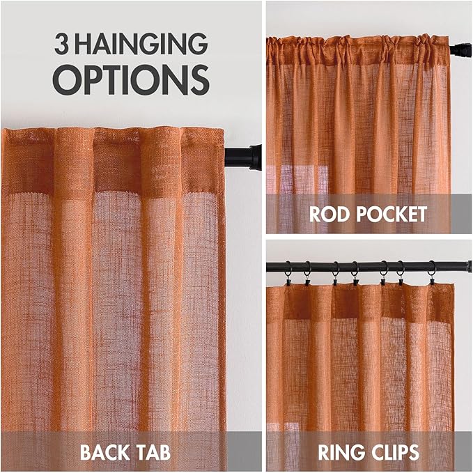 MIULEE Orange Curtains 84 Inch Length 2 Panels for Bedroom Living Room, Soft Thick Linen Textured Window Drapes Semi Sheer Light Filtering Back Tab Rod Pocket Burlap Look Fall Boho Decor