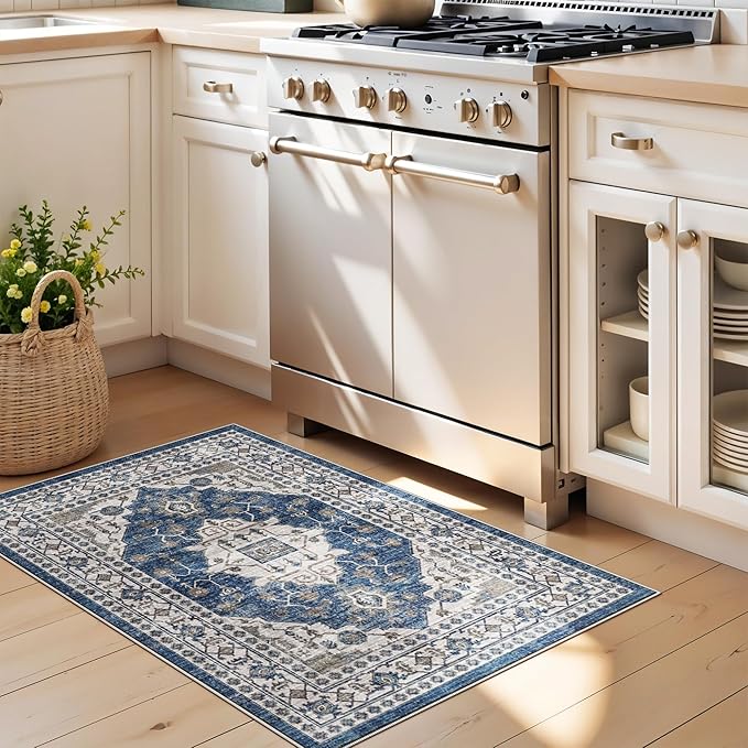 2x3 Washable Vintage Area Rug: Indoor Soft Entryway Rug with Non Slip Backing Water Resistant Carpet for Kitchen Bathroom Laundry Low Pile Door Mat Perfect for Homes with Cats & Dogs(2x3,Blue)