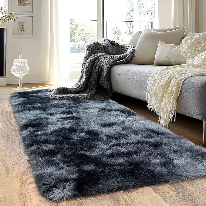 Runner Rugs for Bedroom, 2x6 Fluffy Throw Area Rug Non Slip for Bedside Dorm Hallways, Long Soft Shag Carpet for Nursery Living Room, Blue Grey