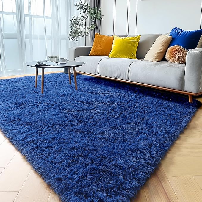 ONASAR Navy Area Rugs for Bedroom Living Room, 4x6 Blue Fluffy Indoor Bedside Floor Rug, Ultra Soft Plush Furry Fuzzy Shaggy Carpet for Nursery Kids Boys Teen Dorm Home Decor Aesthetic