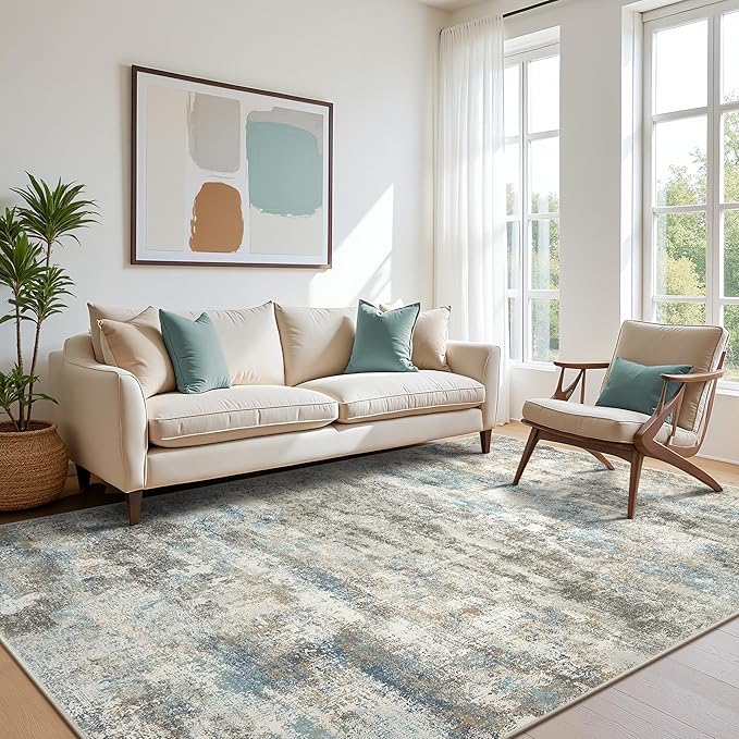 BEIMO Area Rugs 8x10 for Living Room Bedroom, Modern Abstract Machine Washable Rug, Large Soft Low Pile Floor Carpet with Non Slip Backing for Dining Room, Blue/Taupe