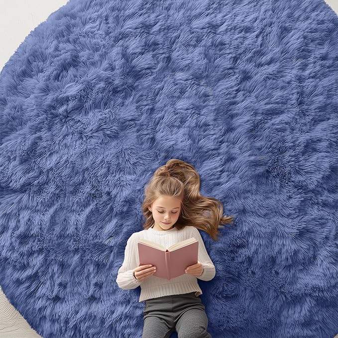 OLANLY Denim Blue Round Rugs for Bedroom - Machine Washable, 9 ft Circle Area Rugs for Living Room, Soft and Fluffy Shaggy Carpet for Teen Girl and Boys, Nursery Rooms, Dorms, Home Decor Aesthetic