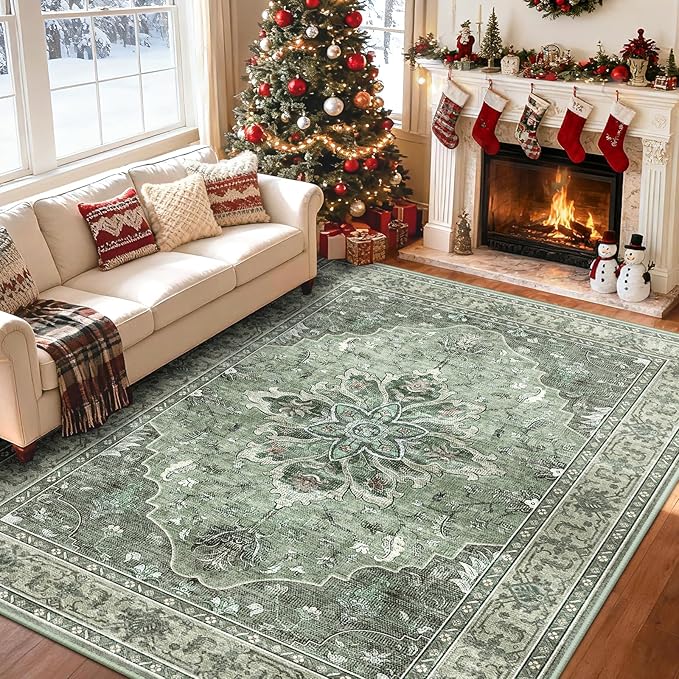 RELEANY Area Rugs 6'x8' Washable Non-Slip, Floral Vintage Distress Print Pattern Medallion Carpet for Living Room Bedroom Dining Room, Dark Green Gray