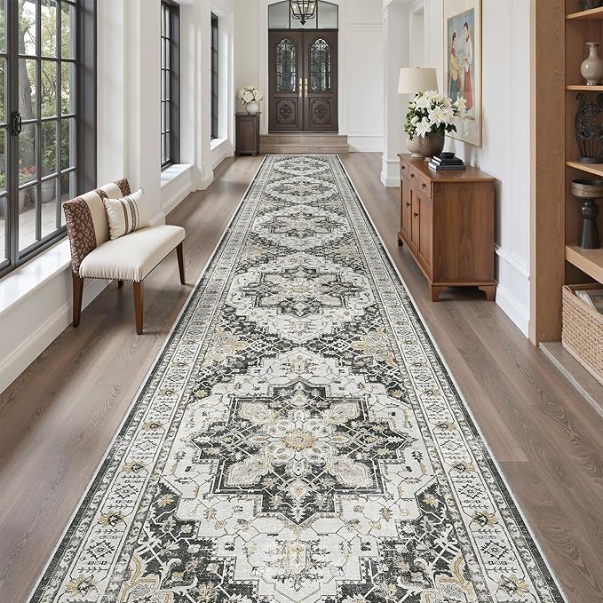 Madane 3x20 Hallway Runner Rug - Extra Long Carpet Runners for Hallways 20ft Non Slip Stain Resistant Rugs Runner for Living Room Bedroom 20 Feet Distressed Floor Carpet for Kitchen, Black