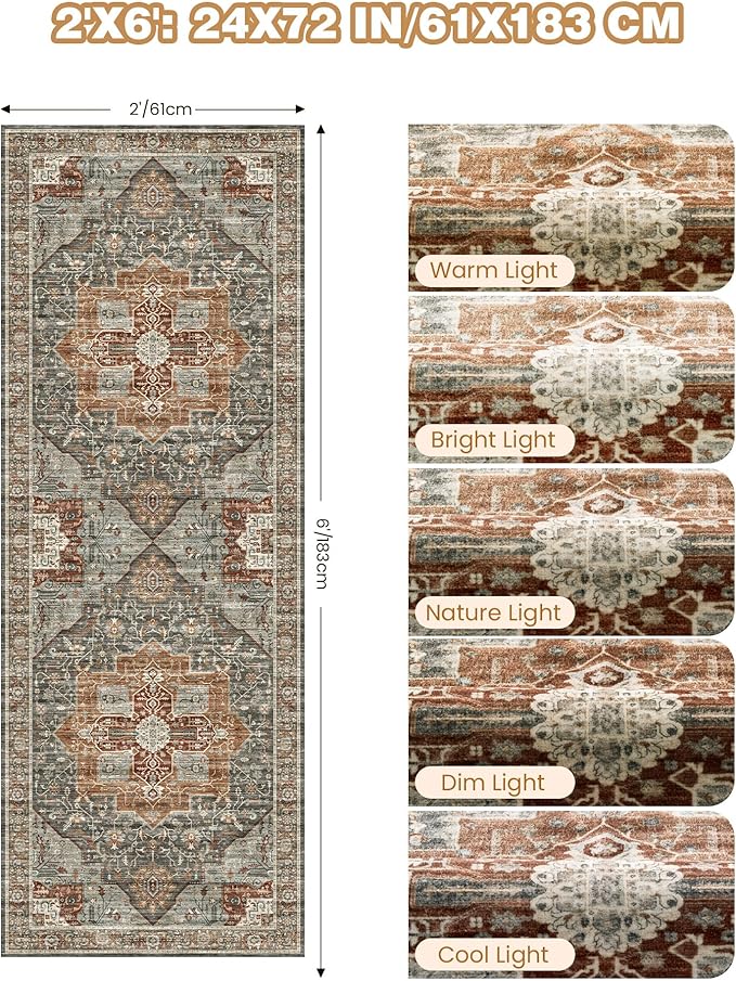 Runner Rug 2x6, Non Slip Washable Rugs for Laundry Room, Runners for Hallways, Low Pile Vintage Soft Rugs for Living Room, Kitchen Bathroom,Bedroom Rug(Grey/Brown/Tan,2'x6')