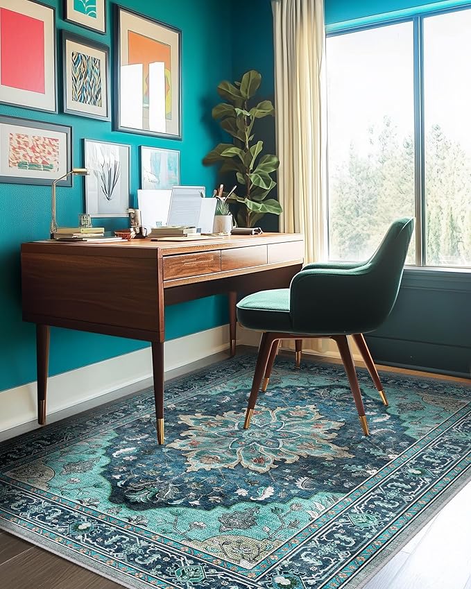 RELEANY Area Rugs 5'x8' Washable Non-Slip, Floral Vintage Distress Print Pattern Medallion Carpet for Living Room Bedroom Dining Room, Teal Green Lake Blue Turquoise