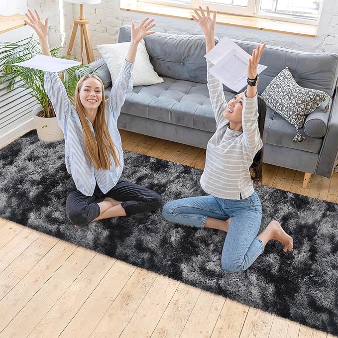 Tie-Dyed Runner Rug for Bedroom Black Grey 2x10ft Fluffy Area Rug Bedside Runner Rug for Kids Room Boys Teens Nursery Baby Living Room Dorm Home Decor Carpets
