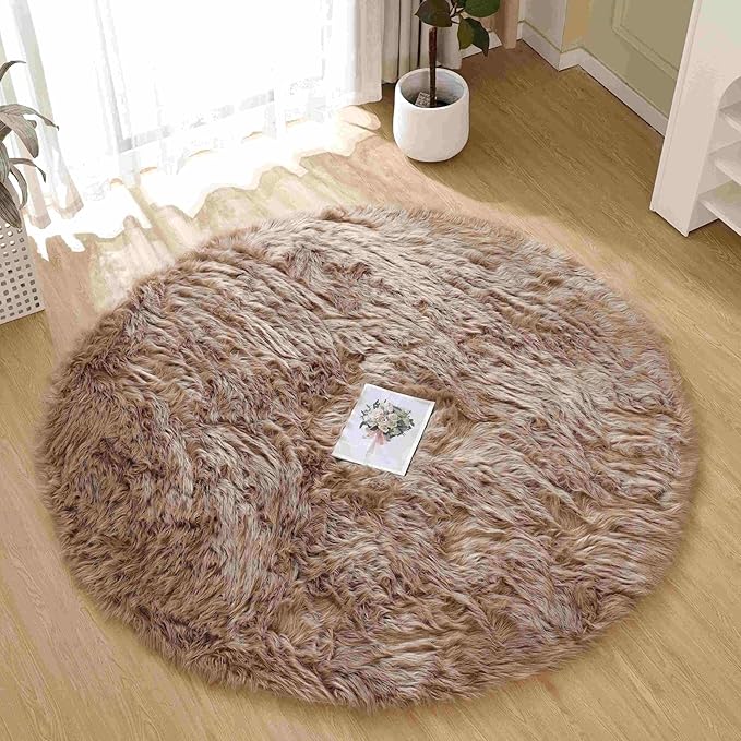 Goolela Circle Area Rug 6ft - Light Brown Beige - Round Fluffy Fuzzy Faux Fur Sheepskin Rug for Bedroom Living Room Furry Shaggy Washable
