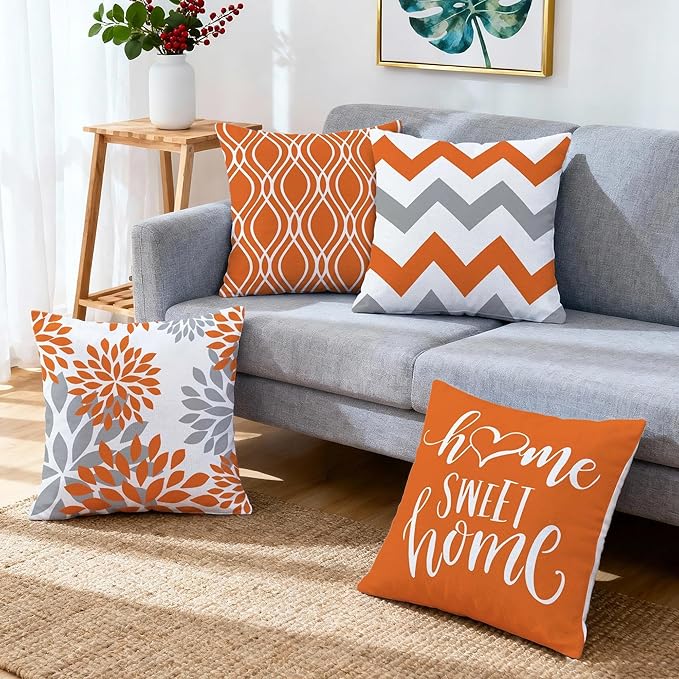 Hexagram Geometric Orange Pillow Covers 16x16 Set of 4, Decorative Outdoor Boho Modern Throw Pillow Covers, Home Sweet Home Farmhouse Cushion Case for Couch Sofa Bedroom Indoor Decor(No Insert)