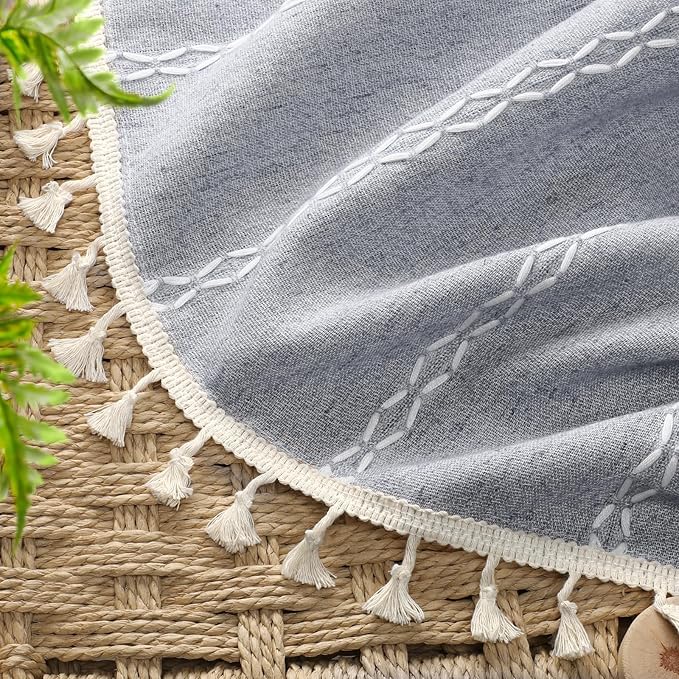 Blue Boho Blackout Curtains 2 Panels 84 Inch for Living Room Bedroom, Linen Texture Farmhouse Curtains with Tassels and White Cotton Embroidery Vintage Rustic Country Western