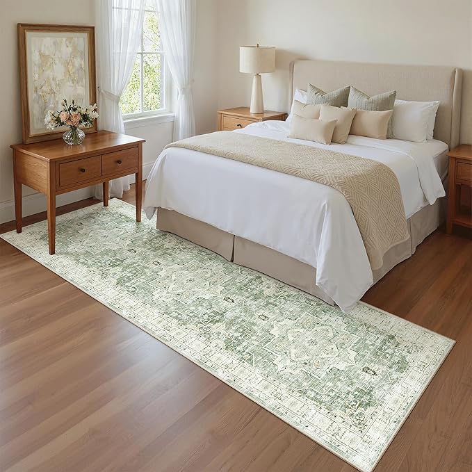 Madane Runner Rug 2x8, Washable Hallway Runner Rugs, Non-Slip Low-Pile Soft Kitchen Rug Runner Laundry Room Rug, Vintage Throw Entry Foyer Mat for Entrance Living Room (Green/Ivory, 2 x 8)