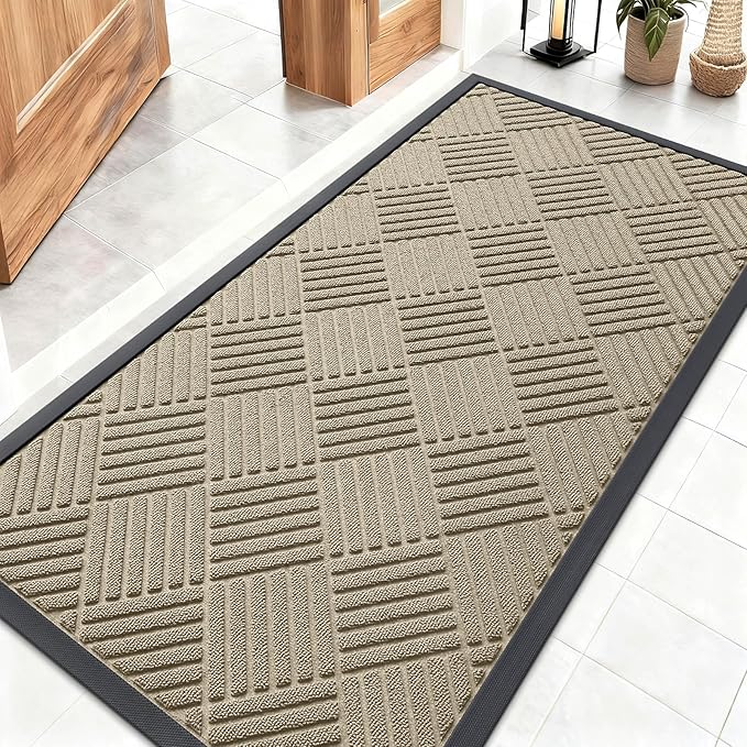 OLANLY Front Door Mat Outside Entrance 47x23, Absorbent, Heavy Duty Sturdy Natural Rubber Doormat Indoor Outdoor, Stain and Fade Resistant, Non-Slip Low Profile Floor Mat for Entryway, Beige Diamond