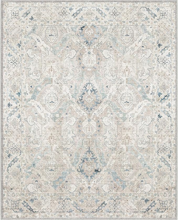 8x10 Area Rugs for Living Room, Machine Washable Non Slip Vintage Retro Rugs, Low Pile Lightweight Chenille Print Indoor Rug for Bedroom, Dining Room, Home Office(Grey/Blue/TAN/Teal/Green)