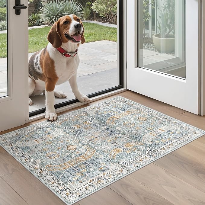 Madane Washable Area Rug 2x3, Small Entryway Rug Non-Slip Vintage Door Mat Indoor Entrance, Low Pile Floor Carpet for Inside Front Door Bedroom Kitchen Entry Laundry (2'x3', Blue/Gold)