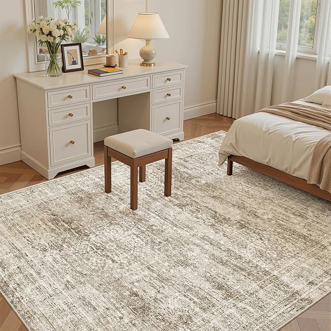 7x9 Area Rug for Living Room Washable Abstract Vintage Soft Thin Indoor Floor Non-Slip Carpet for Bedroom Dining Room Brown