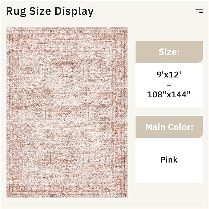 Soalmost 9x12 Area Rugs for Living Room, Non Slip Machine Washable Vintage Rugs, Low Pile Lightweight Large Rug for Bedroom, Dining Room, Home Office Pink