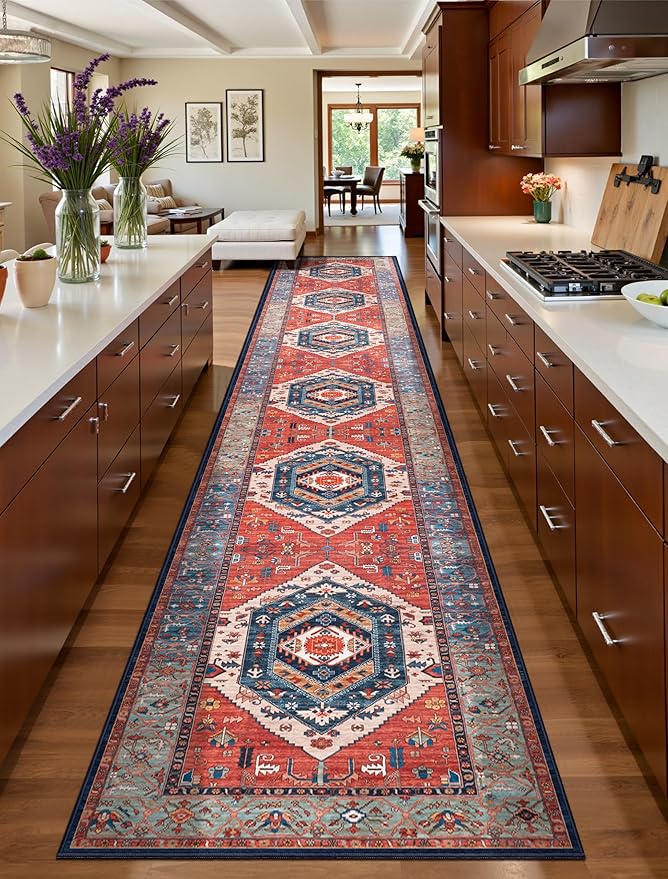 SERISSA Runner Rug for Hallways, 2'6"x16' Washable Non Slip Kitchen Runner Rug, Extra Long Boho Rug Ultra Soft Vintage Rust Print Floor Carpet for Bedroom Hallway Entryway Bathroom Laundry Room
