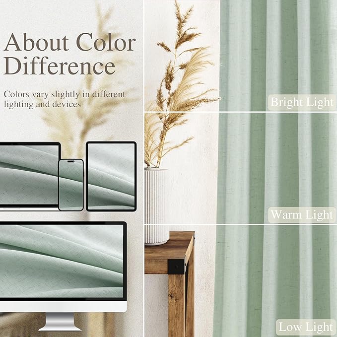 Nanspring Aqua Green Linen Curtains 102 Inches Long Rod Pocket Back Tab Drapes 2 Panels Set for Living Room Bedroom Light Filtering Semi Sheer Aqua Green Curtain 102 Length for Patio Door 52x102