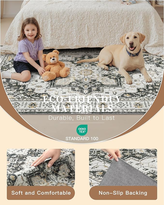 Madane Area Rug 4x6 Washable Rugs: Vintage Living Room Rug Soft Low Pile Non Slip Area Rugs Distressed Indoor Floor Carpet for Bedroom Kitchen Dining Room Home Decor, Black