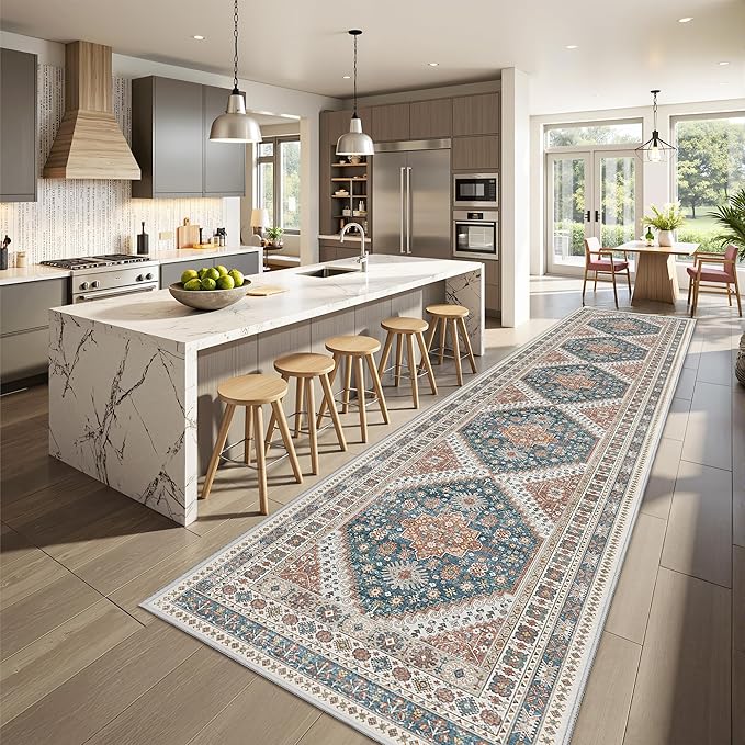 Hallway Runner Rug 2x12, Extra Long Washable Runner Rugs with Rubber Backing, Non Slip Runner, Vintage Rug Runners for Kitchen Laundry Room Entryway (Blue/Red,2'x12')