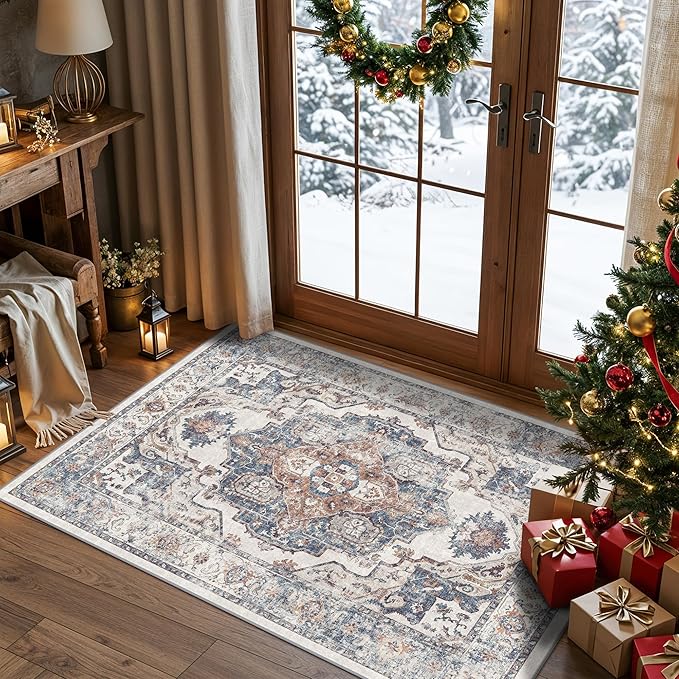 Washable 3x4 Entryway Area Rugs: Farmhouse Non-Slip kitchen Sink Floor Mats Water-Resistant Small Carpet for Bathroom Living Room Thin Soft Doormat Easy-Clean Decorative Rug for Pets Family(3x4,Brick)