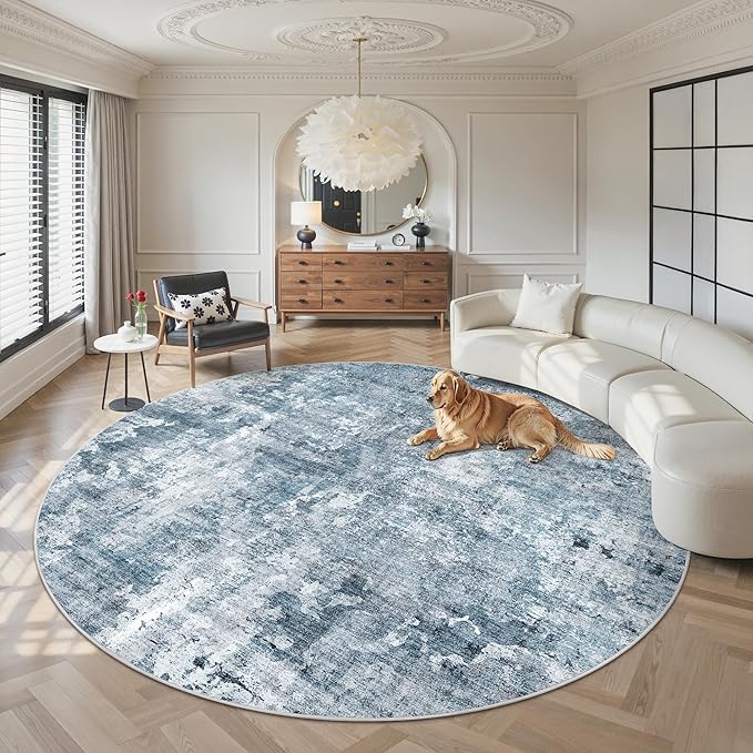8x8 Blue/Grey Round Rug 8ft Living Room Circle Rug Vintage Round Area Rug Non Slip Indoor Carpet for Apartment