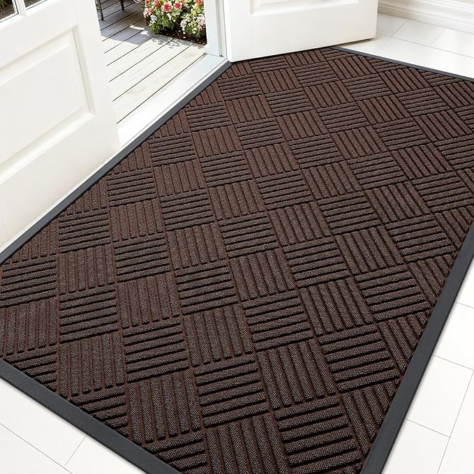 OLANLY Front Door Mat Outside Entrance 59x34, Absorbent, Heavy Duty Sturdy Natural Rubber Doormat Indoor Outdoor, Stain and Fade Resistant, Non-Slip Low Profile Floor Mat for Entryway, Brown Diamond